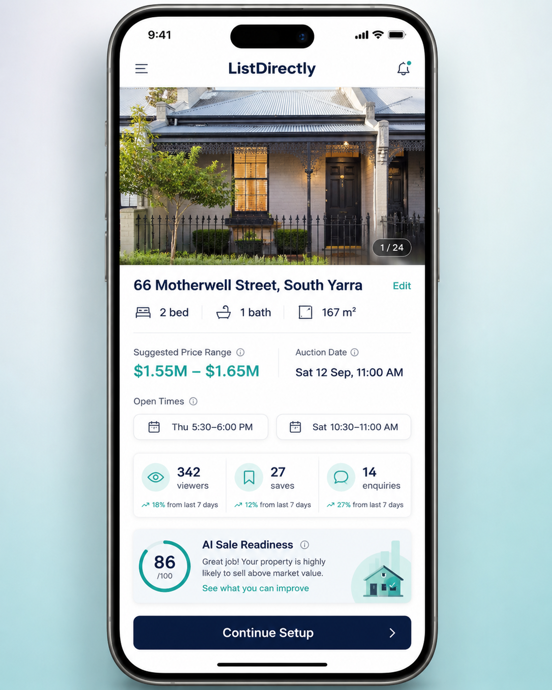 ListDirectly app overview screen for 66 Motherwell Street South Yarra